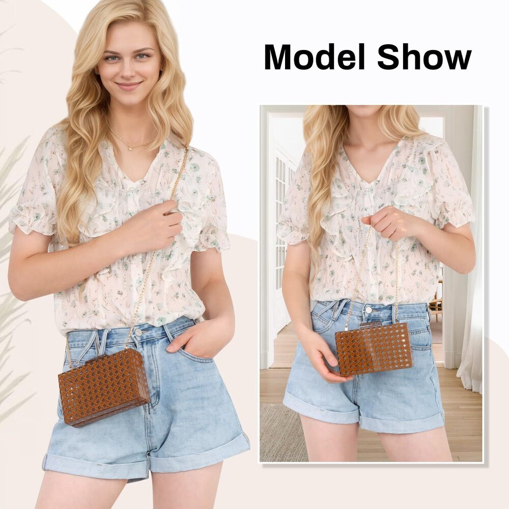 3881 Rattan Acrylic Clutch Purse Summer Evening Bag Woven Beach Crossbody - Picture 2 of 6